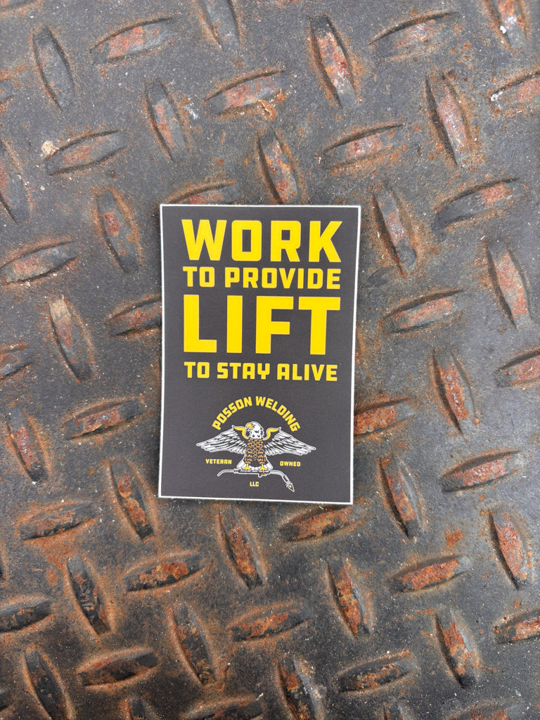 Sticker with text and logo on a textured metal surface